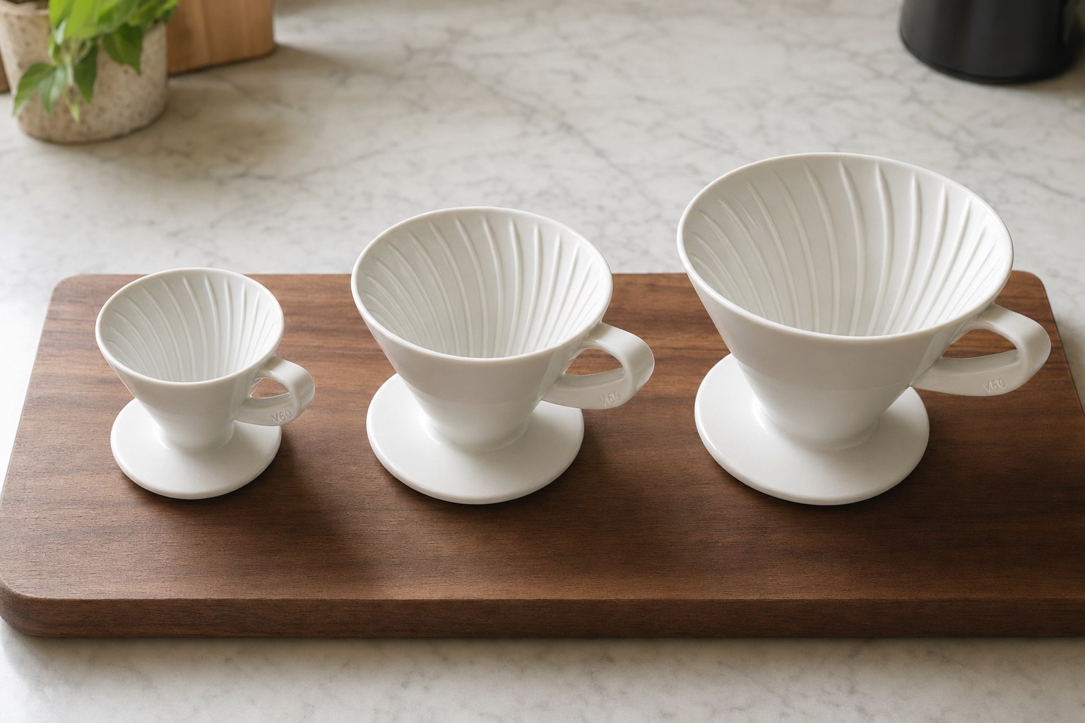 Hario V60 sizes 01, 02, and 03 in white ceramic placed side by side on a walnut cutting board