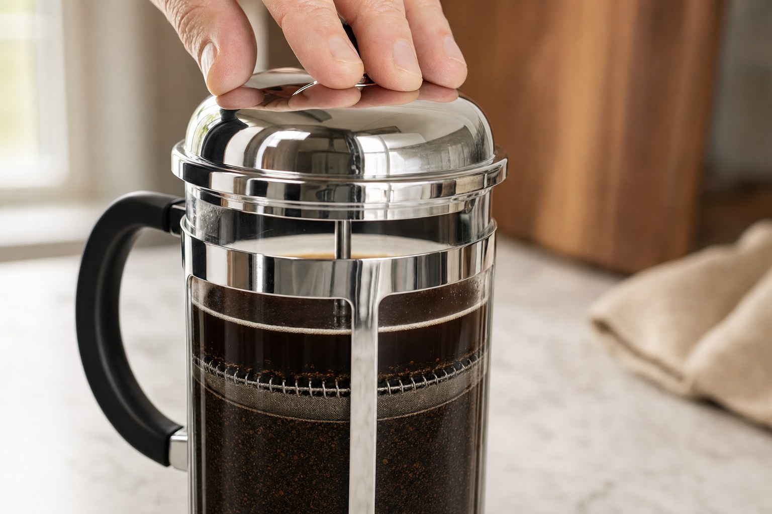 Close-up of a hand pressing the chrome lid of a Bodum Chambord French press during a slow plunge, mesh filter visible inside the glass beaker