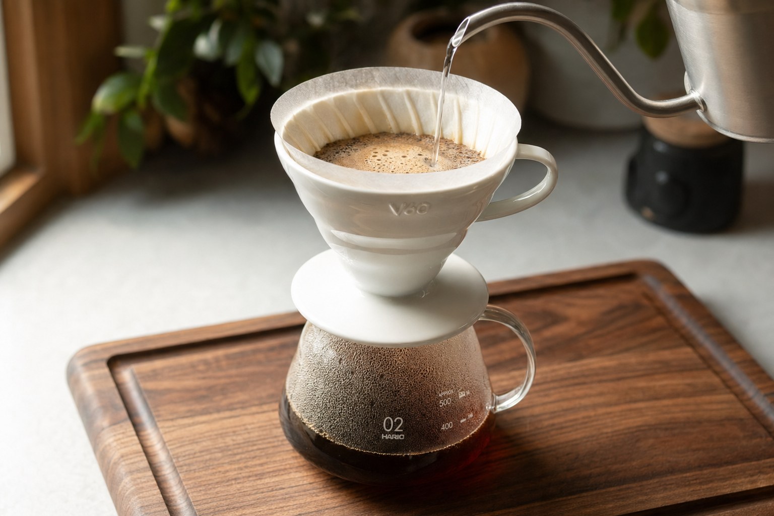 Hario V60 ceramic pour-over dripper on a walnut cutting board with light roast coffee blooming in the filter, gooseneck spout pouring water