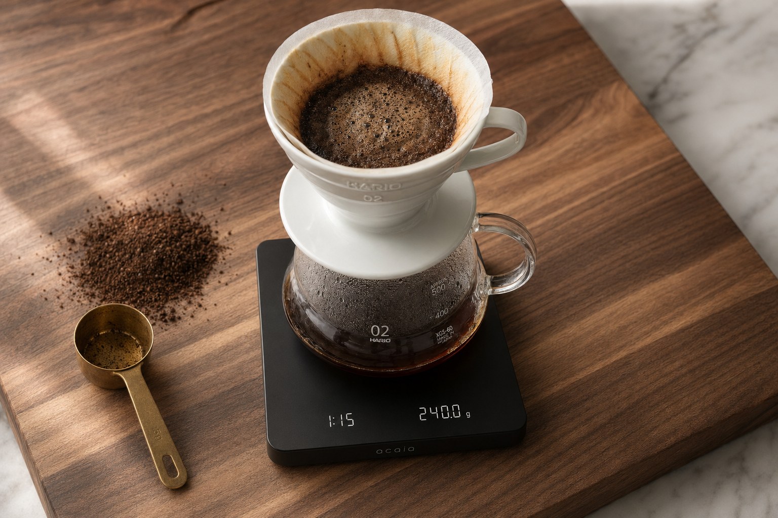 Acaia-style coffee scale showing 240.0 g and a 1:15 timer under a Hario V60 02 dripper with a coffee bloom, brass scoop and grounds beside it on a walnut board