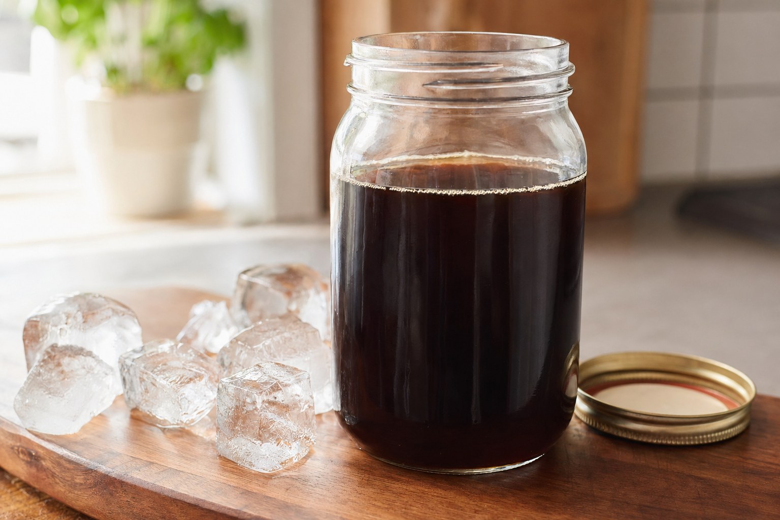 Quart mason jar of cold brew concentrate on a wood cutting board with ice cubes, metal lid beside it