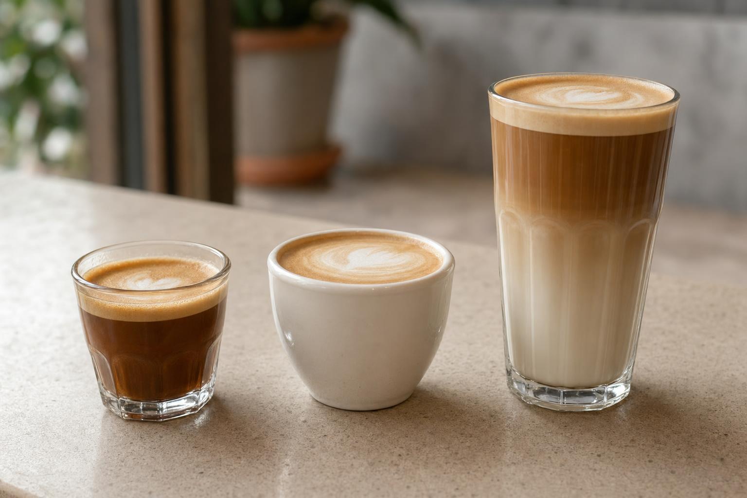 Three espresso milk drinks side by side showing size difference: small cortado in a rock glass, flat white in a white ceramic cup, and tall latte in a clear glass