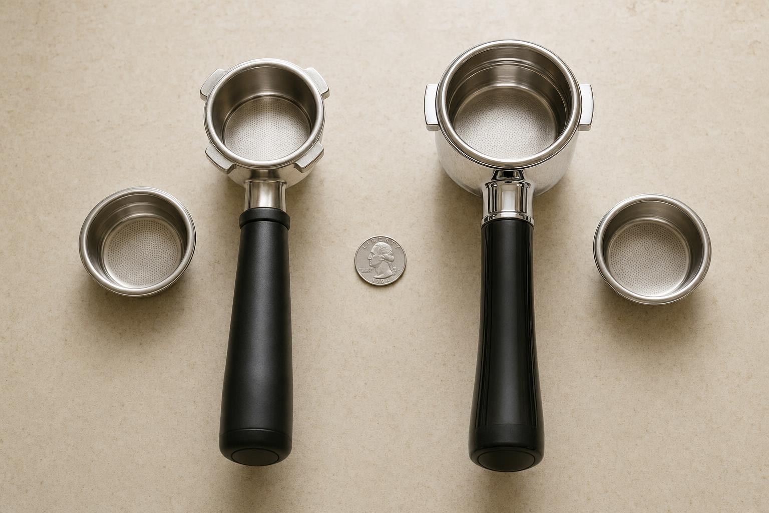 54mm Breville Barista Express portafilter next to a 58mm Gaggia Classic Pro portafilter overhead view with removed baskets and a US quarter for size reference